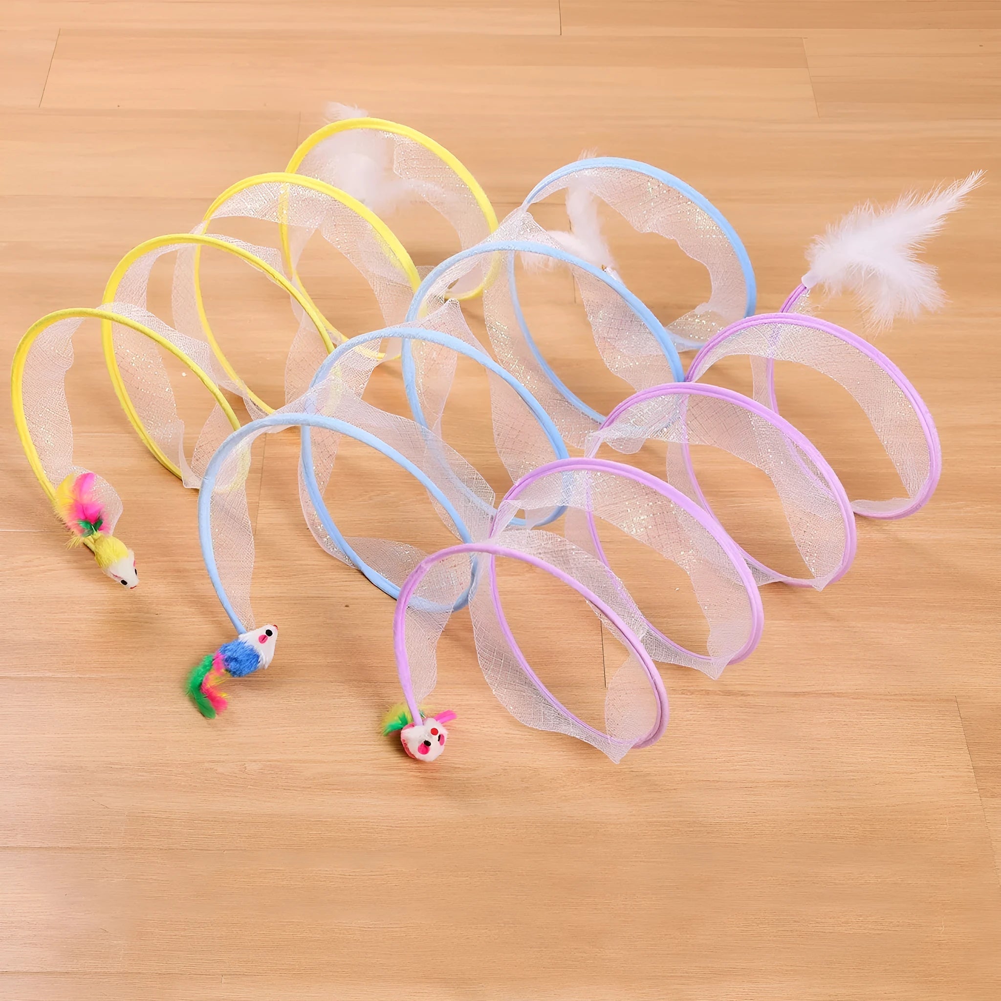 S-type collapsible cat tunnel toy with steel frame, elastic net, and feather attachments.
