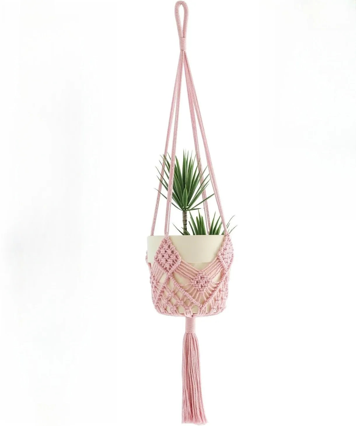 Hand-woven polyester cotton flower pot in natural colour with woven net pocket design