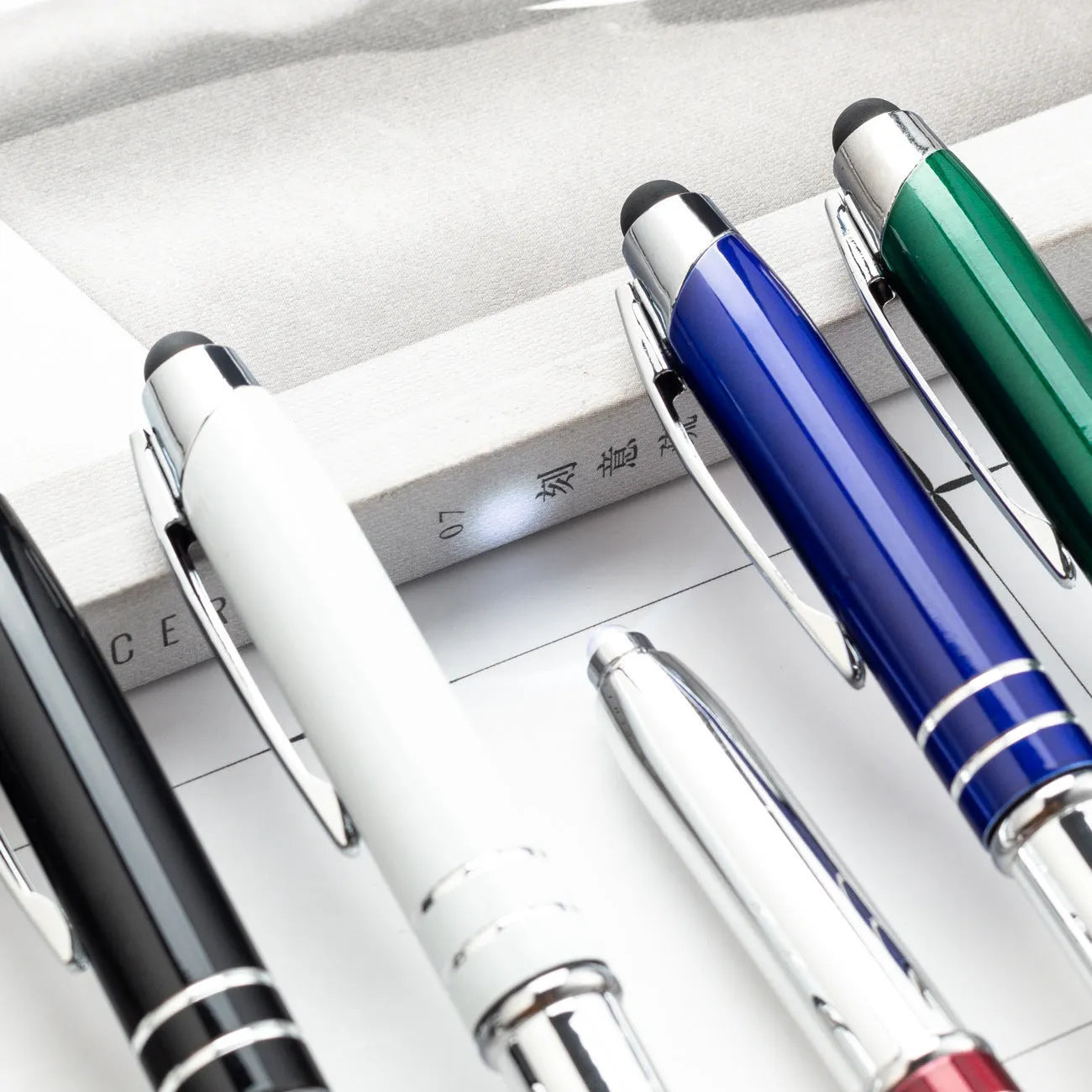 Multifunctional metal capacitive stylus and LED light ballpoint pen in red, black, white, green, or blue