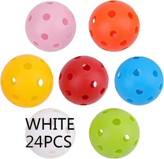 Multi-coloured 42mm golf practice balls with dimpled design in a net bag.