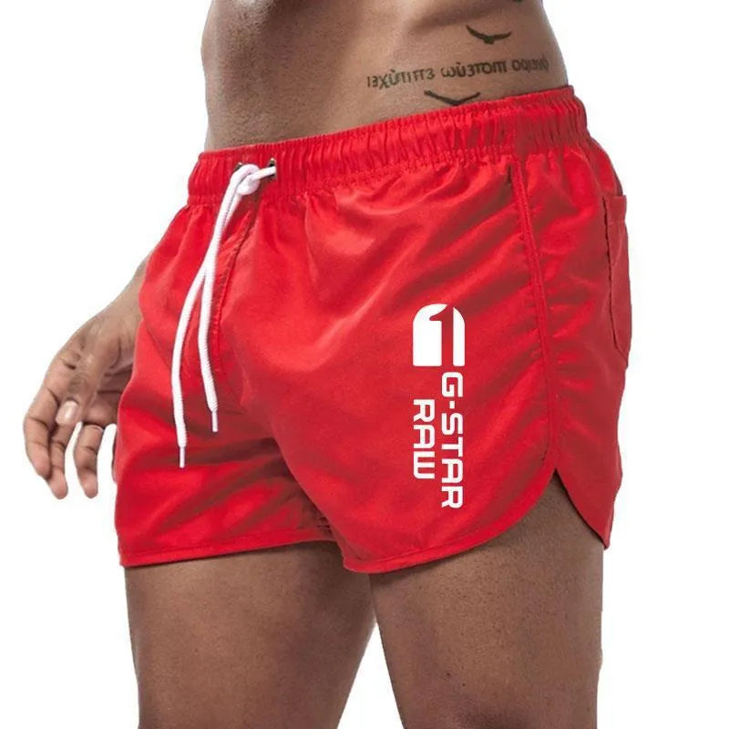 Men's sports beach shorts in 11 colour options including black, navy, and fluorescent green, polyester-hemp blend fabric