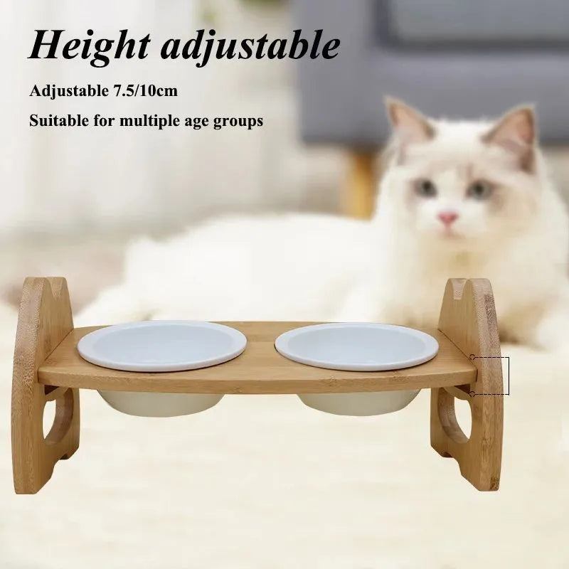 Height adjustable ceramic double bowl on bamboo stand for cats and dogs, original wood colour, non-slip base