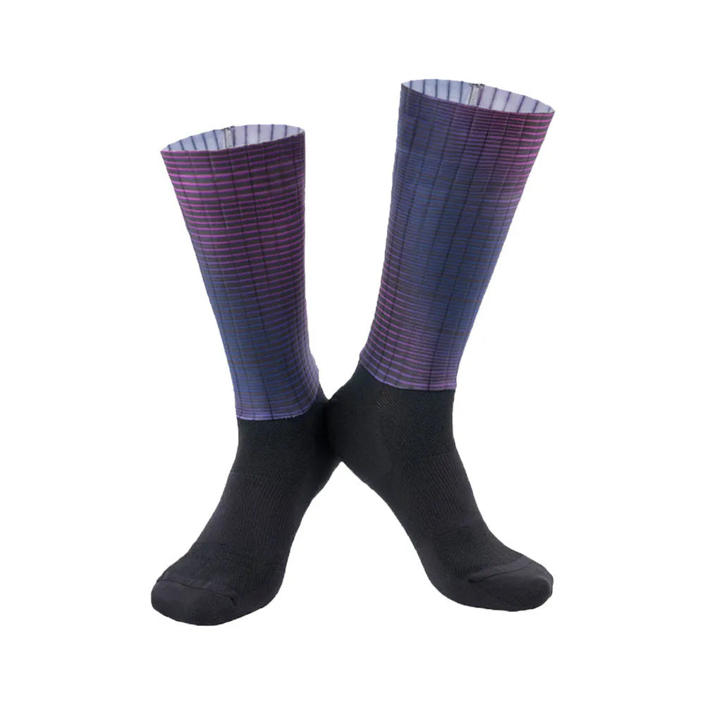 A pair of athletic cycling socks in a chemical fibre blend, shown in one of six available colours on a plain background.