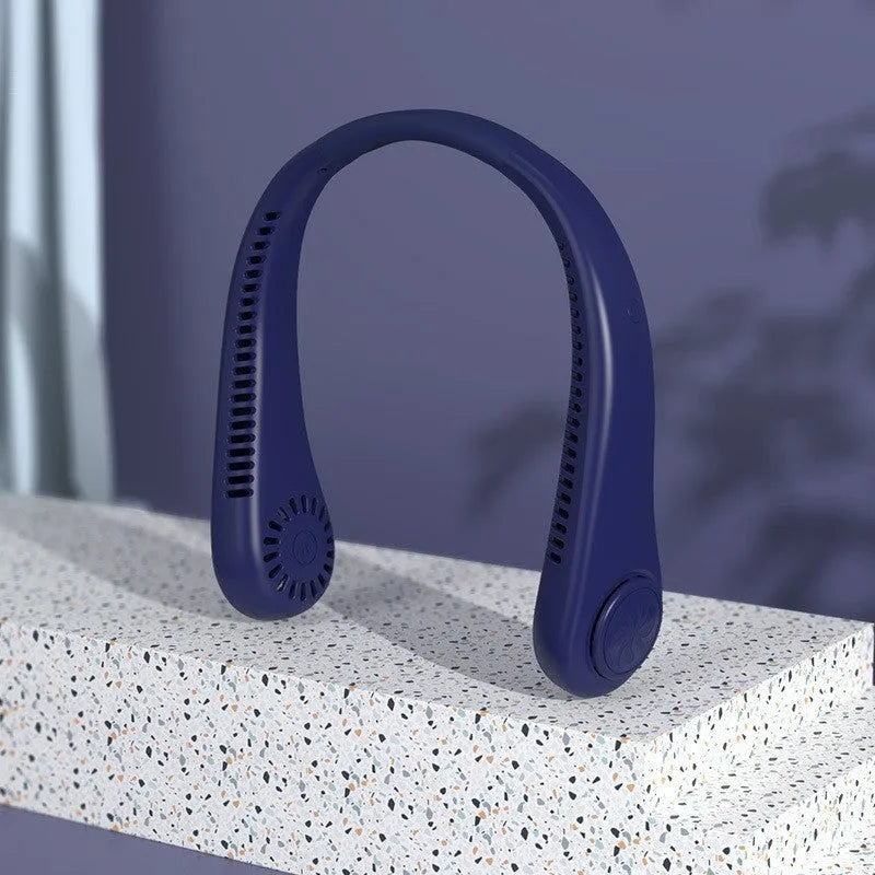 White USB rechargeable bladeless neck fan being worn, showing its compact design and flexible neckband.