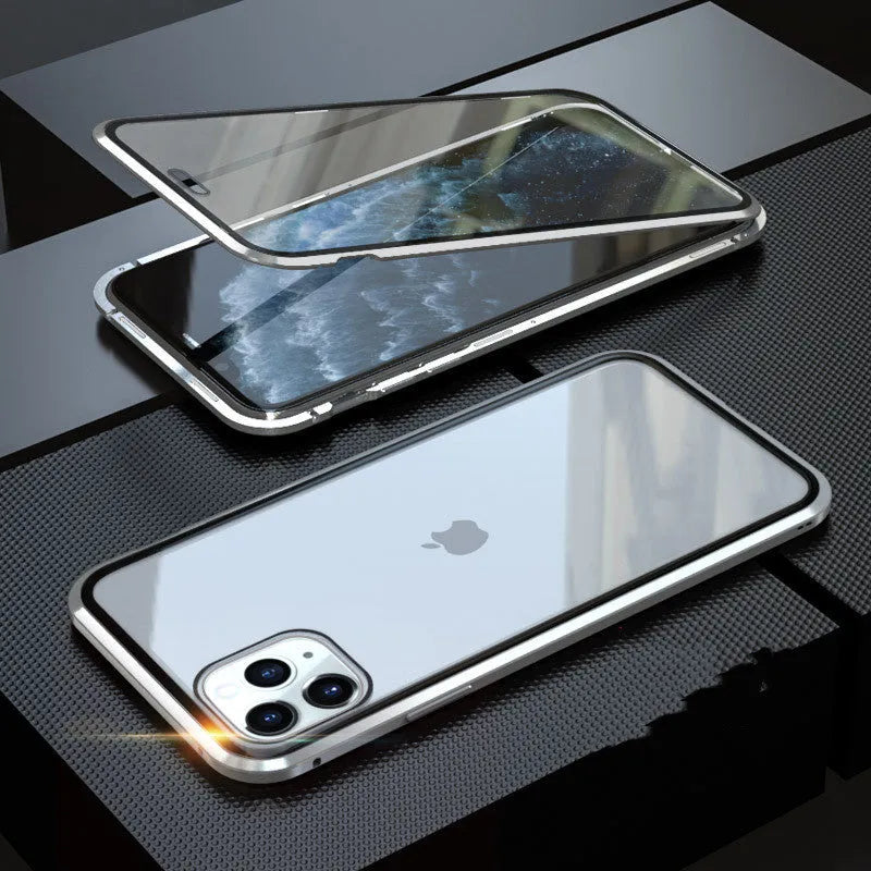 Solid colour glass anti-spy clamshell phone case for iPhone, shown in geometric design.