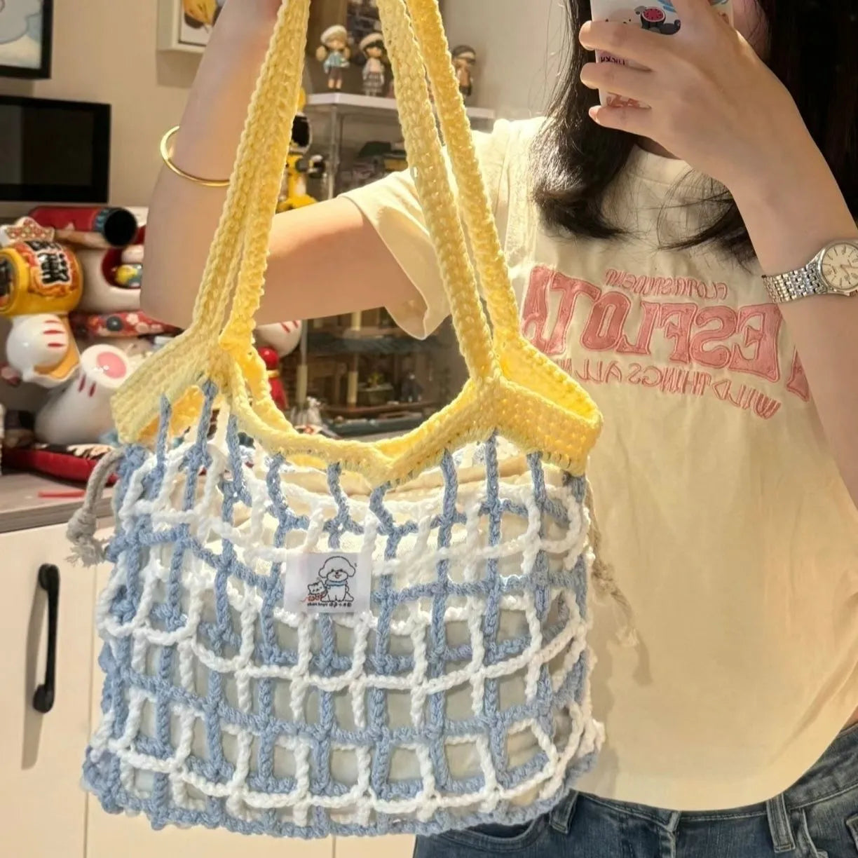 Handwoven natural wool summer bag with floral patterns in six style options