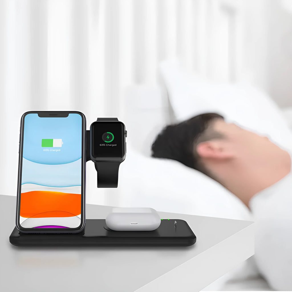 White three-in-one desktop wireless charging stand for mobile phone, watch, and headset.