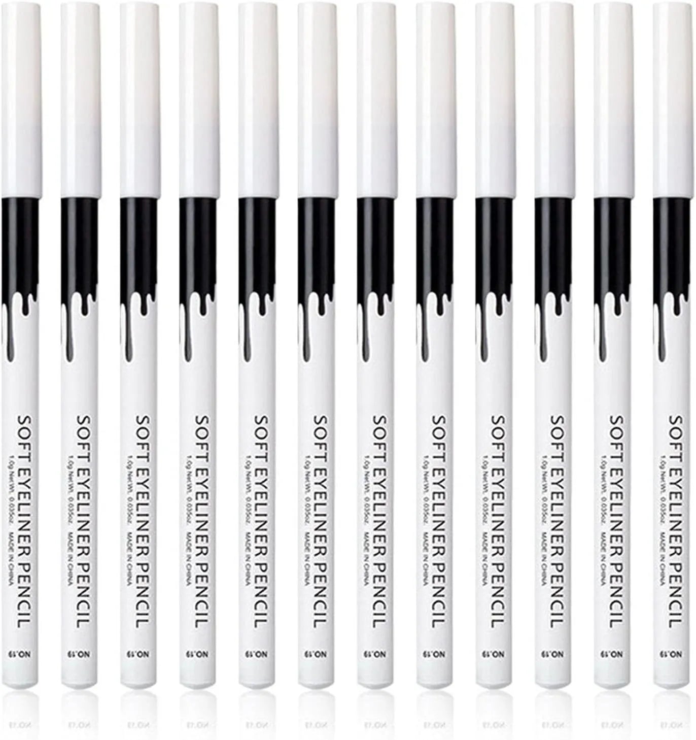 12 white and black retractable eyeliner pencils with a sharpener on a white background.