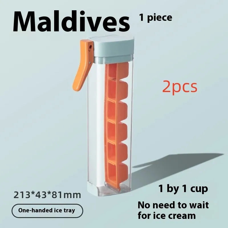 Flexible ice cube tray in Maldives colour with one-touch release and storage box on white surface