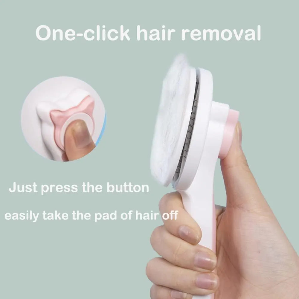 Blue self-cleaning cat grooming brush with one-click button and rubber-tipped needles