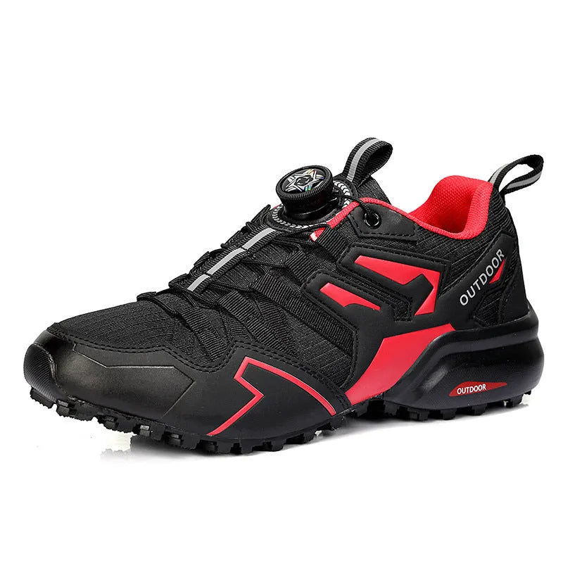 Men's lightweight beige hiking shoes with elastic band closure and rubber sole for off-road use.