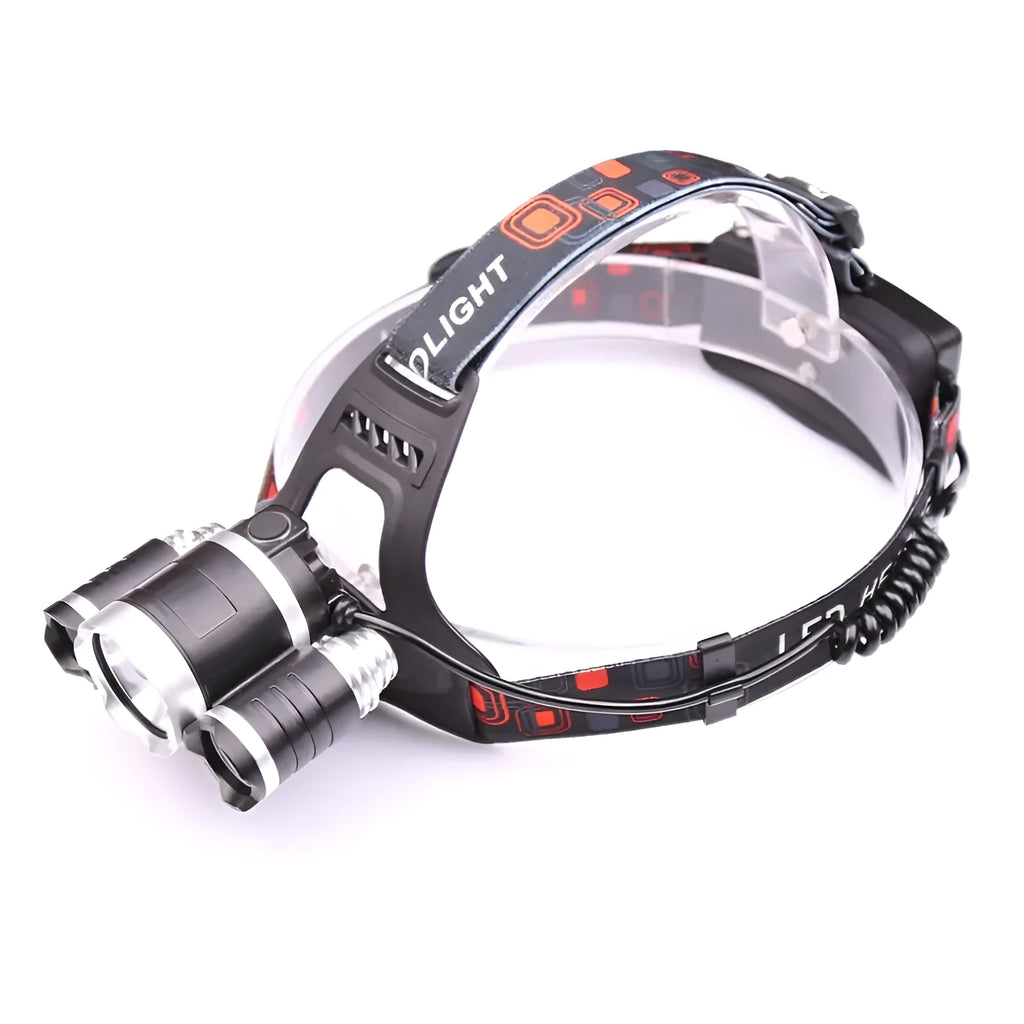 Gold or silver aluminium alloy head torch with adjustable focus and headband, shown with 18650 batteries.