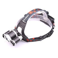 Gold or silver aluminium alloy head torch with adjustable focus and headband, shown with 18650 batteries.