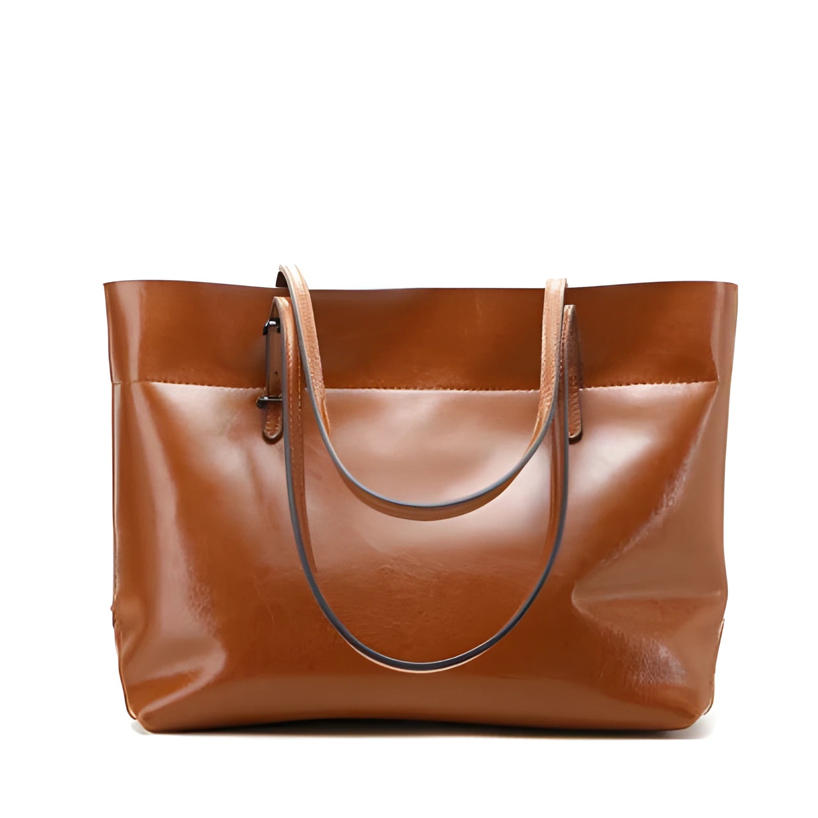 Brown waxed cowhide cross-body handbag showing front flap and adjustable shoulder strap.