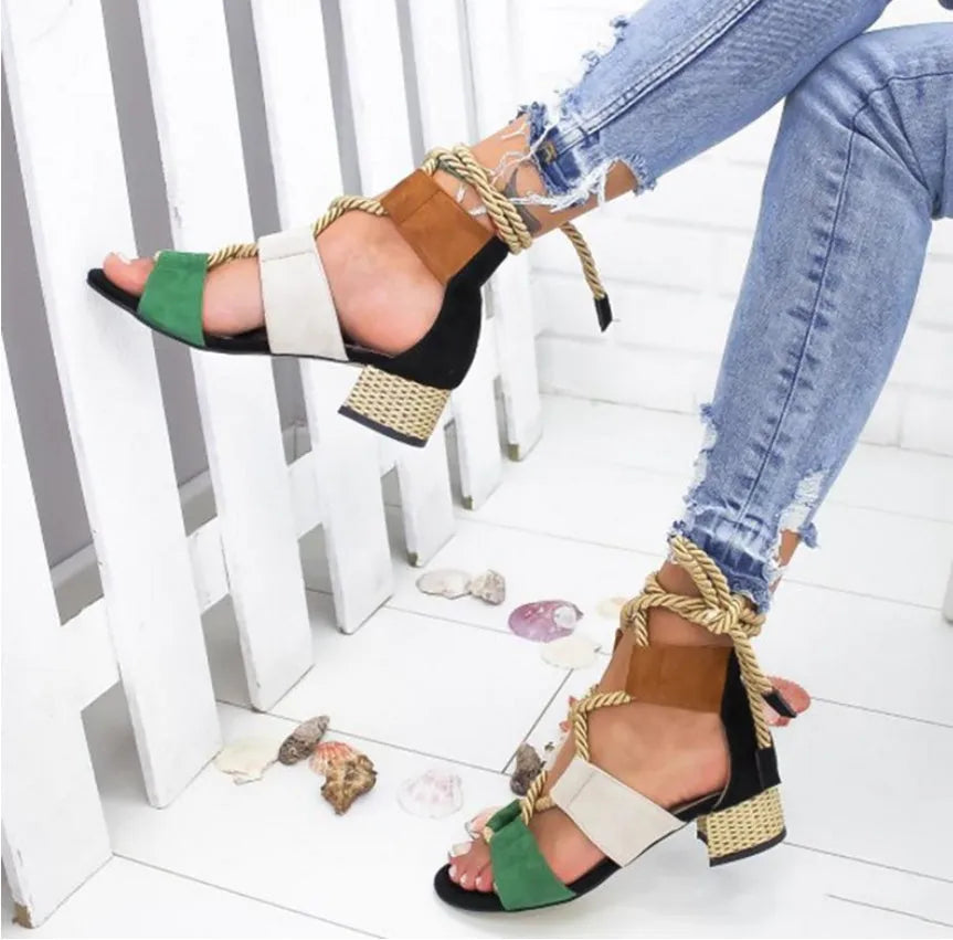 Women's suede sandals with thick colour matching heel and ankle strap in sizes 34-43