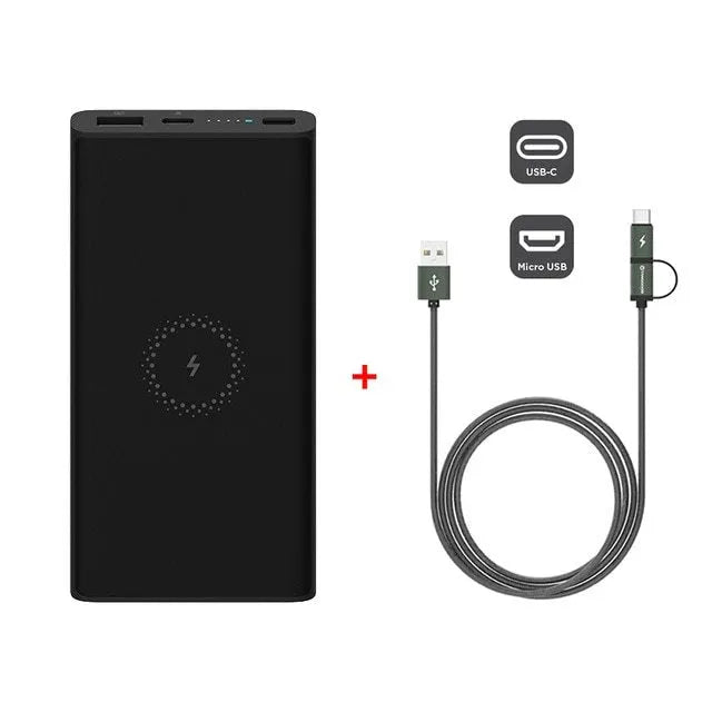 White or black 10000mAh capacity power bank showing USB-C port and wireless charging symbol