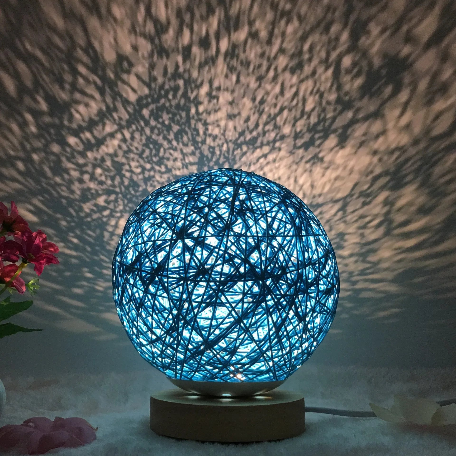 LED rattan table lamp with USB cable and remote control in choice of eight colours