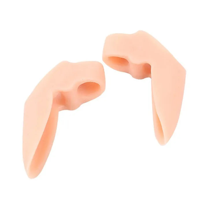 Silicone bunion corrector with double-hole SEBS toe separator for hallux valgus, in skin colour or white.