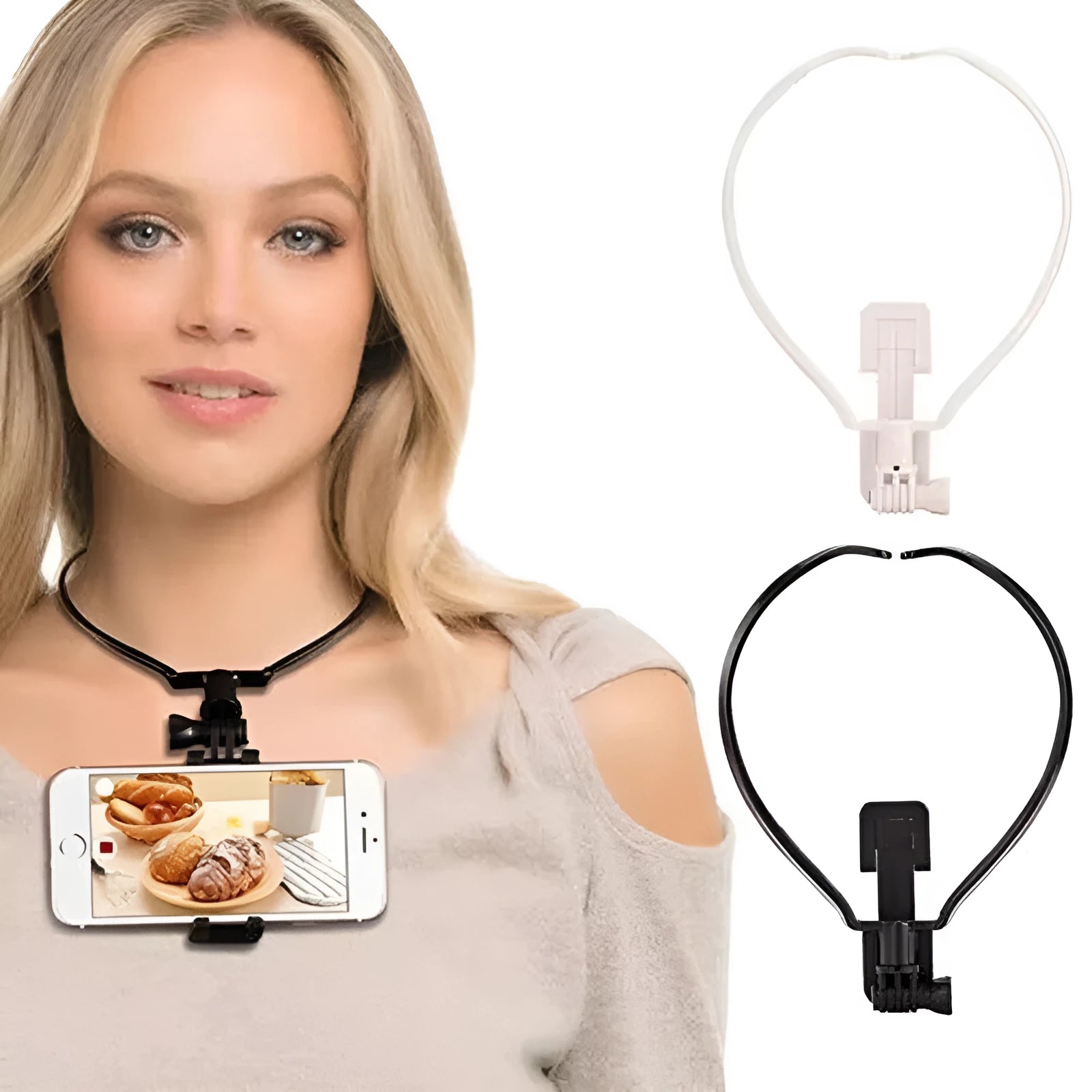 A black adjustable neck phone holder mounting a smartphone for hands-free filming.