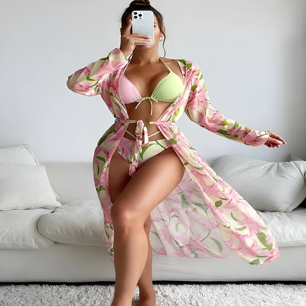 Women's printed bikini swimsuit on a mannequin, showing European and American style cut.