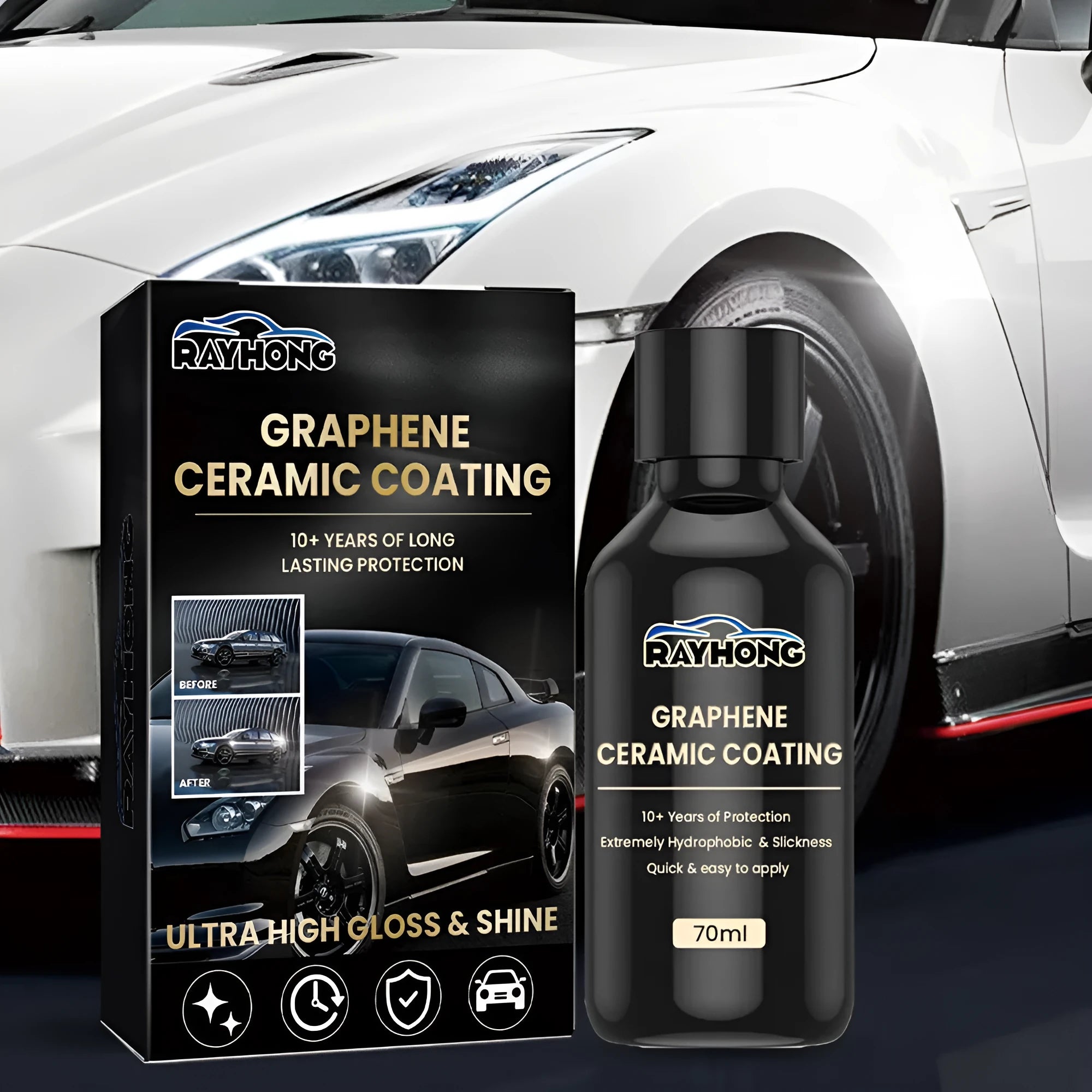 70ml automotive graphene ceramic coating bottle with sponge, towel, gloves, and cloths for car paint protection.
