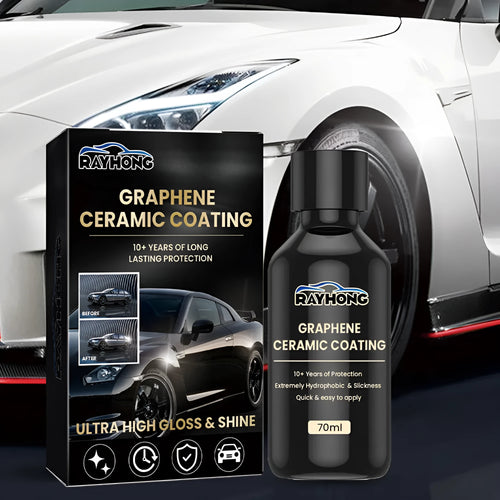70ml automotive graphene ceramic coating bottle with sponge, towel, gloves, and cloths for car paint protection.