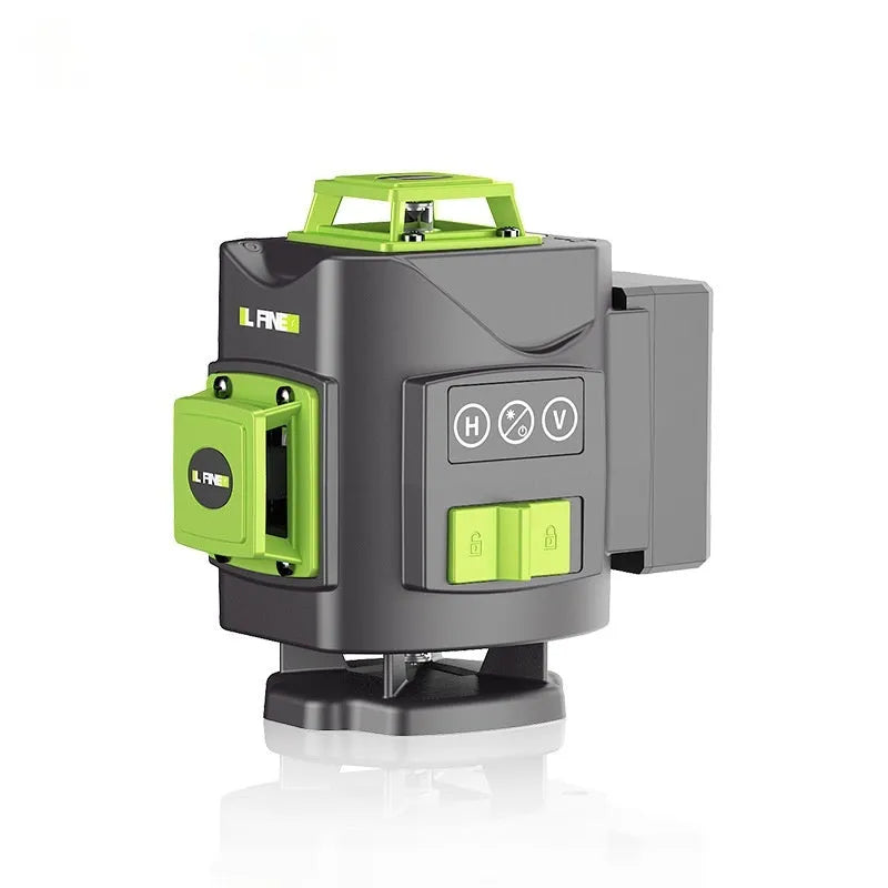 Green 16-line 3D self-levelling laser level with nylon case on a workbench.