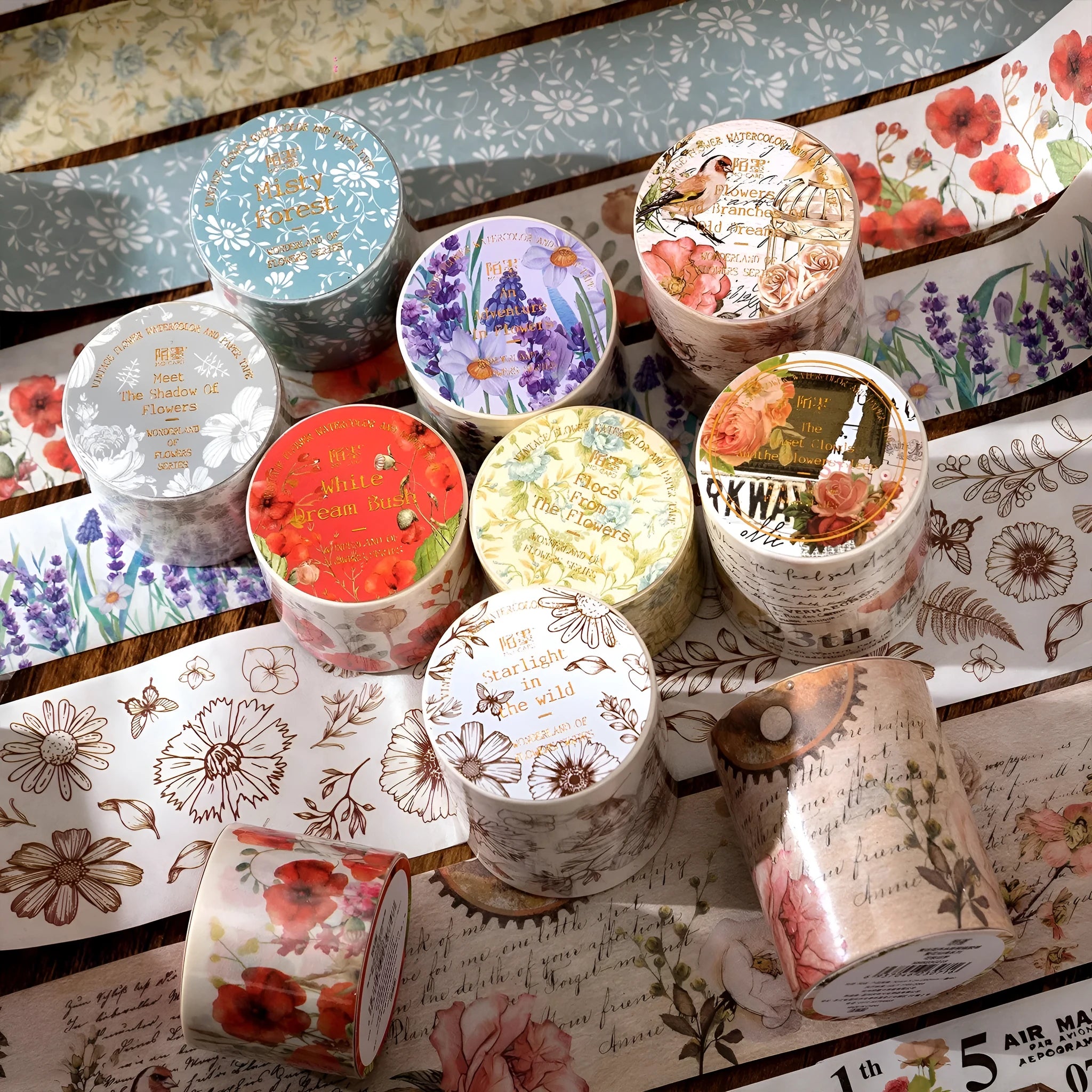Roll of Japanese paper floral washi tape with vintage watercolour designs for journaling and craft projects