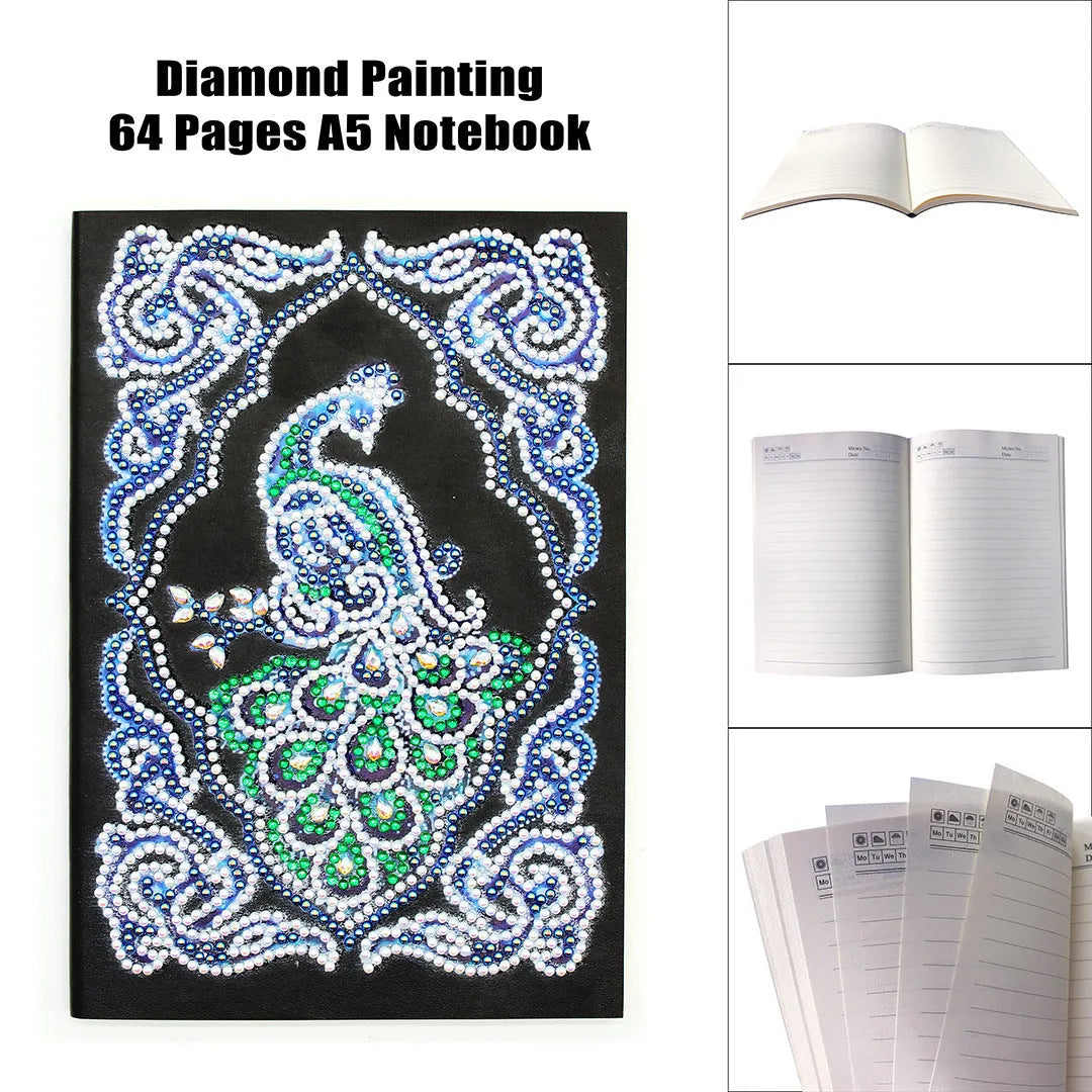 Black A5 Peacock Beauty diamond painting notebook with sparkling shaped drills on cover, showing 142x207mm size.