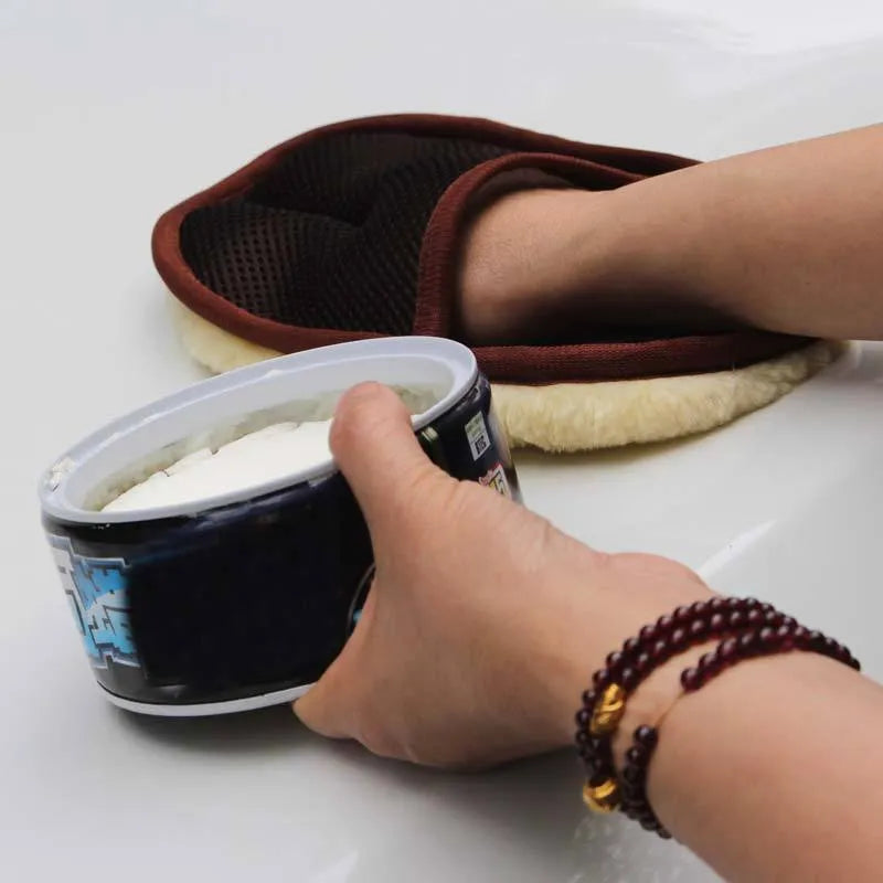 Pair of soft artificial wool car wash cleaning gloves in black, blue and brown, 15cm wide 24cm long