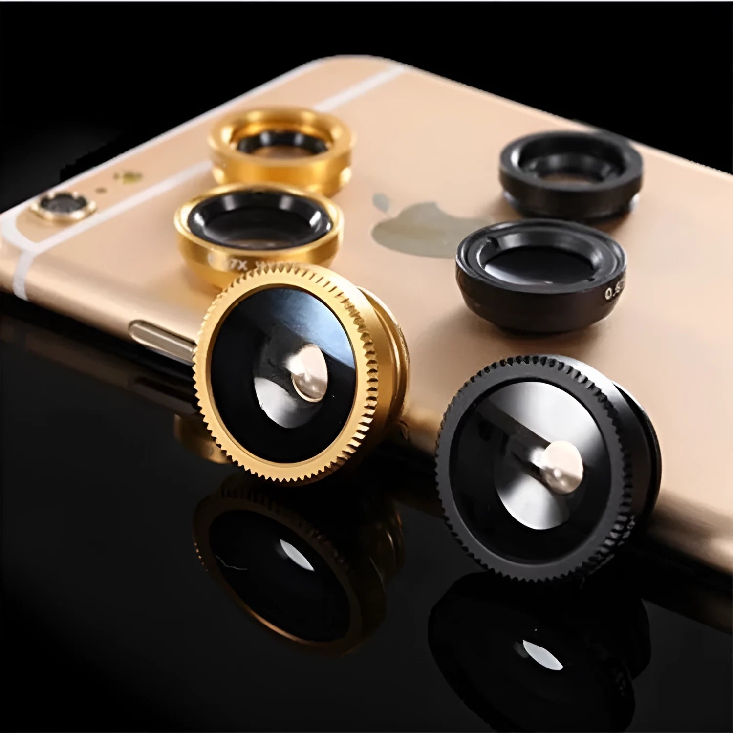 Mobile phone fisheye lens three-in-one kit with wide-angle and macro attachments in multiple colour options