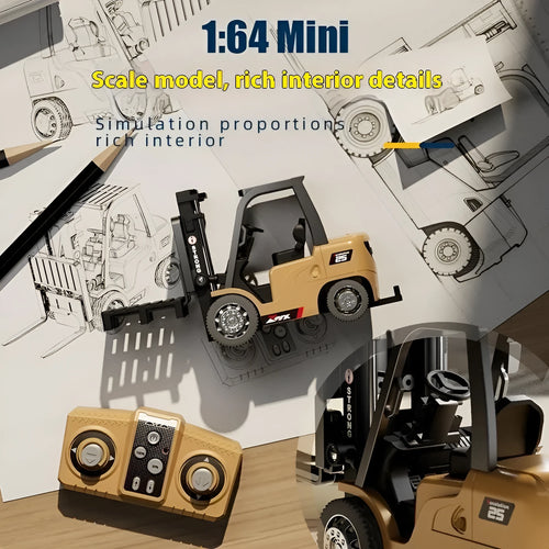 1:64 scale die-cast alloy remote control forklift with cargo accessories on display