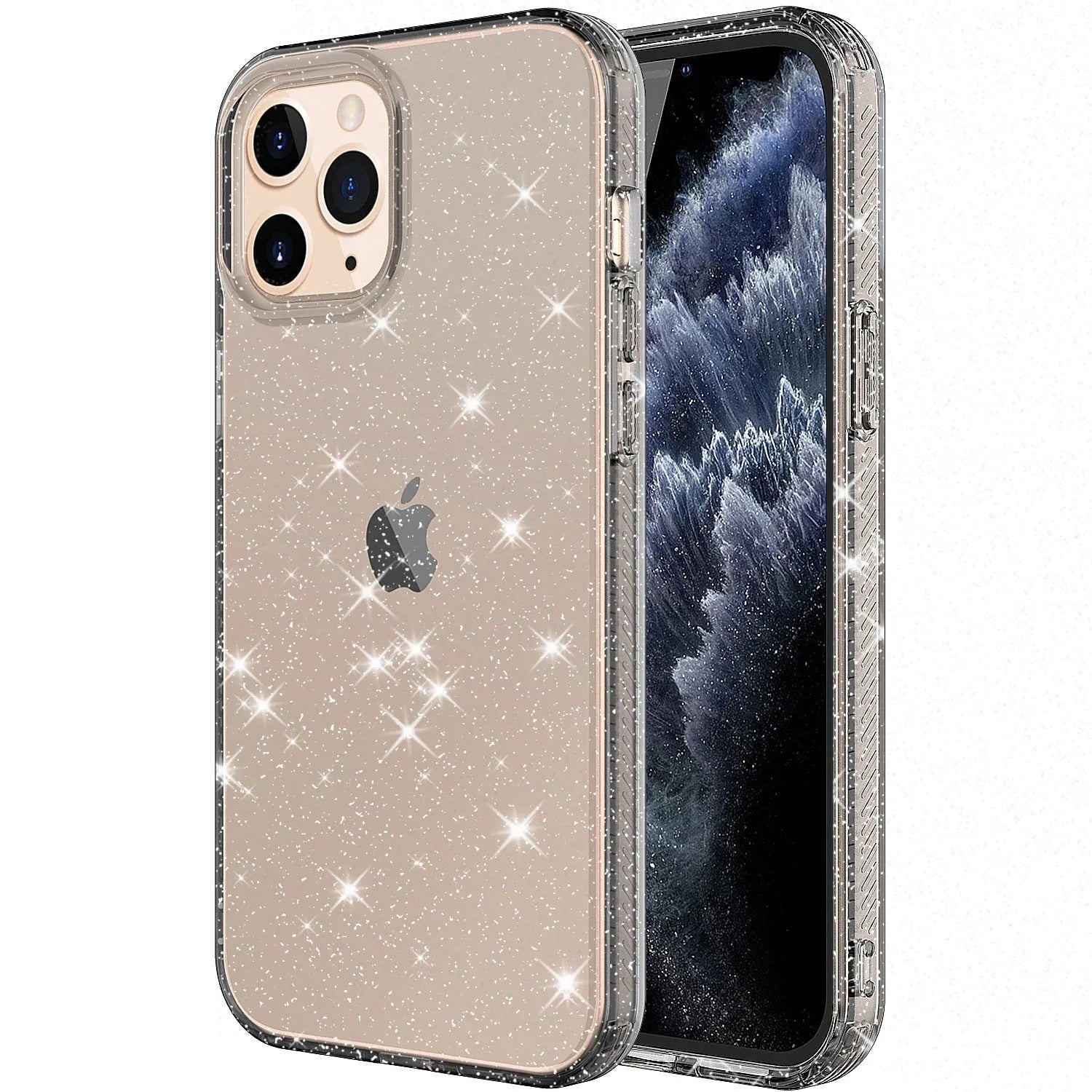 Glitter transparent TPU phone case for Apple iPhone 12 Pro Max in pink, black, purple and clear colours.