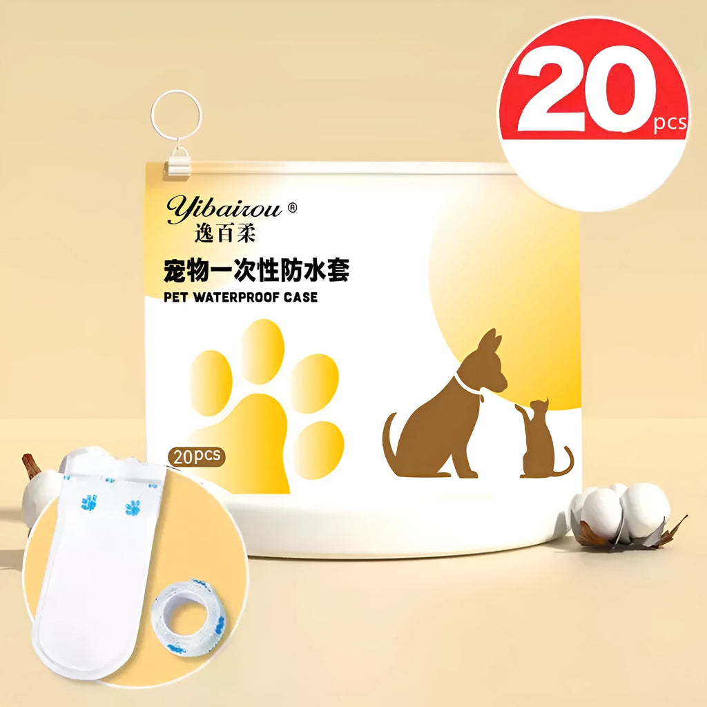 White disposable waterproof shoe covers for dogs in S and M sizes with non-slip feature