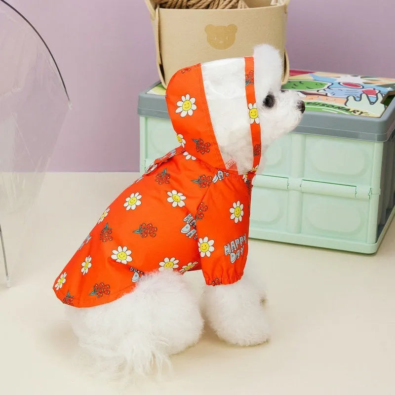 Transparent dog raincoat with pull ring and two-foot coverage in orange or white colour options