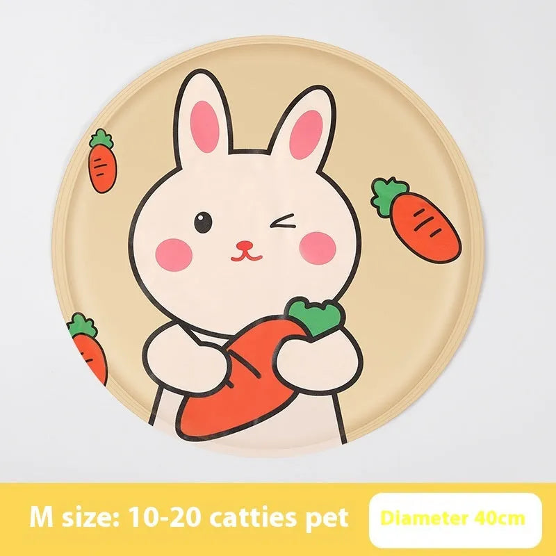 Round pet cooling mat with cartoon animal design showing gel technology for dogs