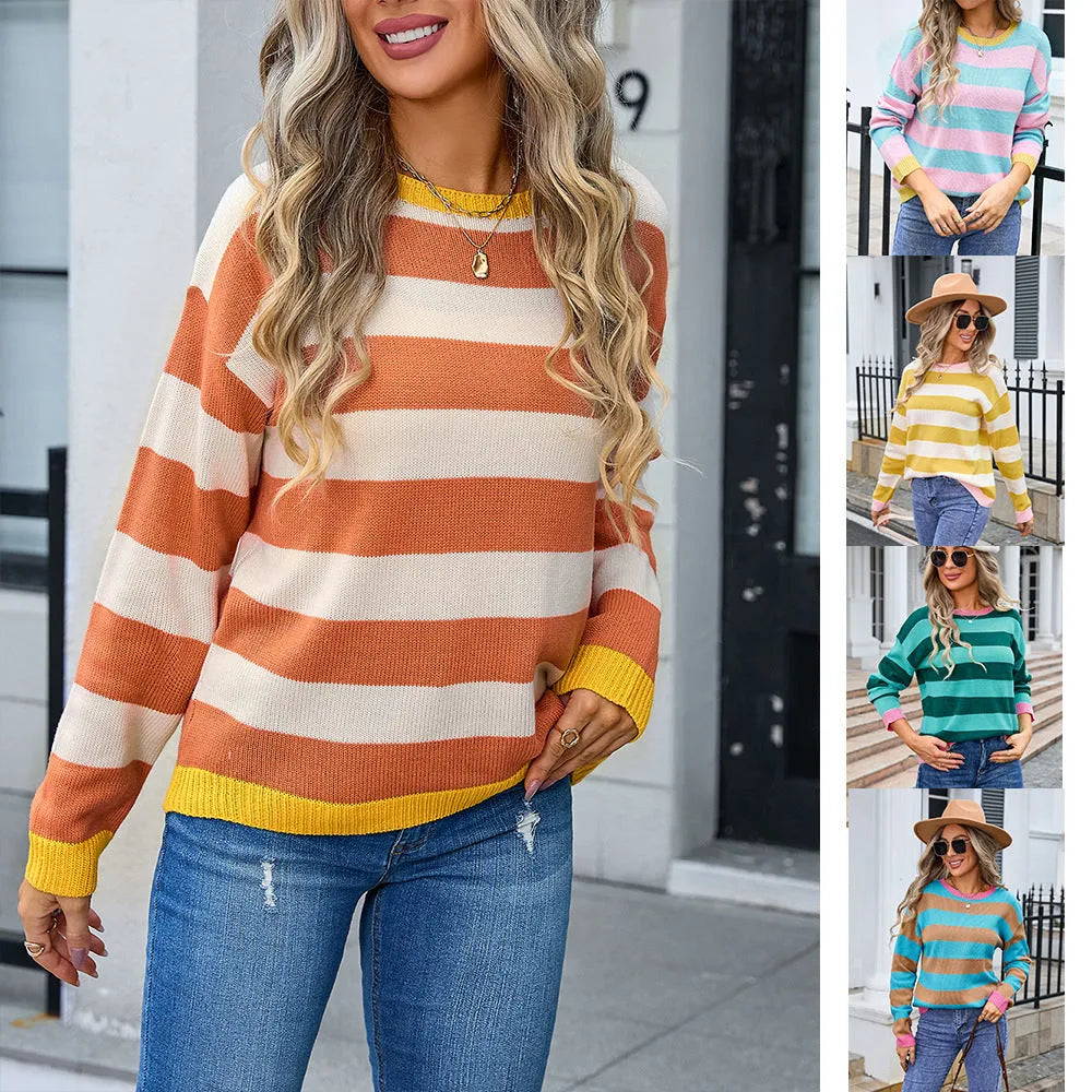 Women's loose fit long sleeve acrylic sweater in blue with floral stripe pattern
