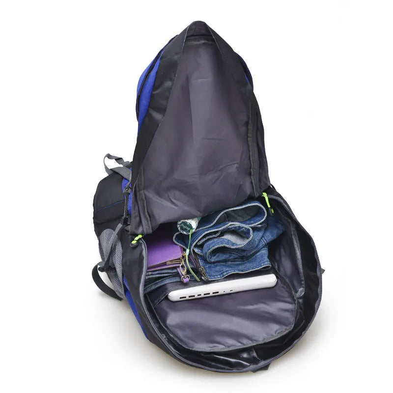50L waterproof foldable nylon backpack in red with adjustable straps and chest belt