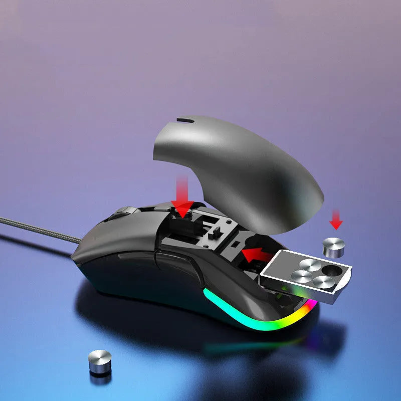 M88 hollow wired and wireless gaming mouse with perforated shell and USB cable on desk