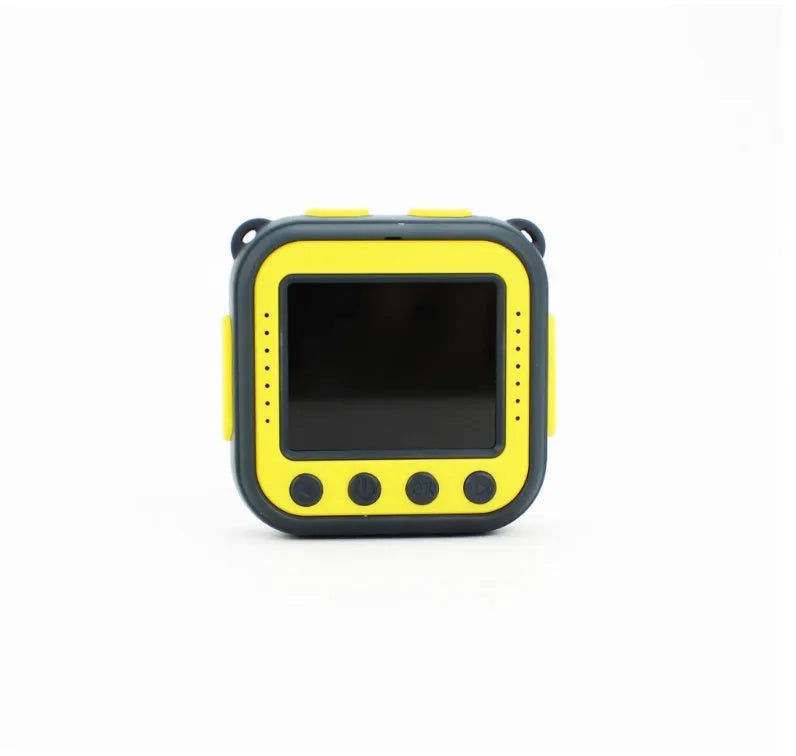 Yellow children's waterproof sports camera with 1.77-inch screen showing 720p HD video recording capability