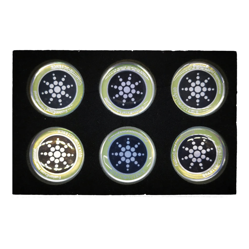 Six anti-radiation mobile phone stickers in gold and silver colours with negative ion energy
