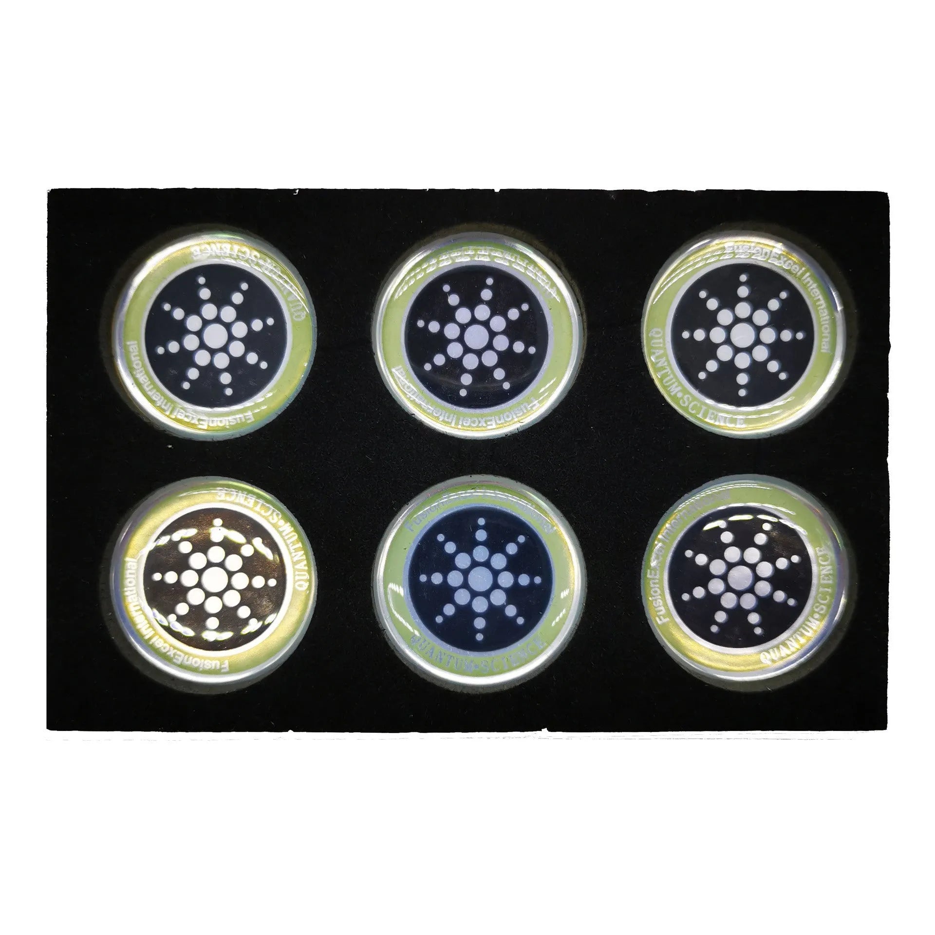 Six anti-radiation mobile phone stickers in gold and silver colours with negative ion energy