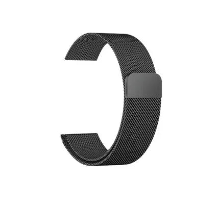 Stainless steel watch strap in silver, black, gold, and rose gold colours for 38mm and 42mm smartwatches.