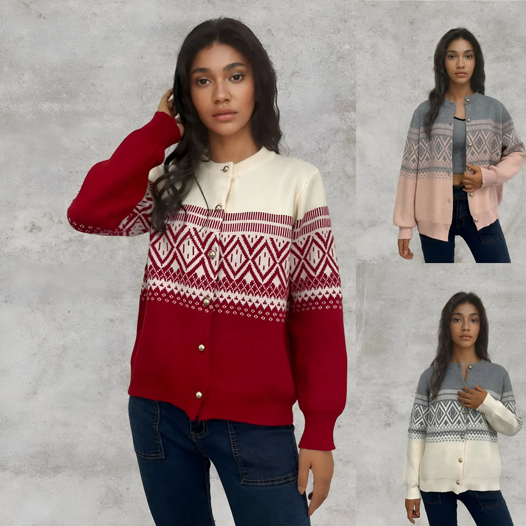 Woman wearing a grey alpaca wool cardigan with a long-sleeve diamond knit pattern in contrasting colours.
