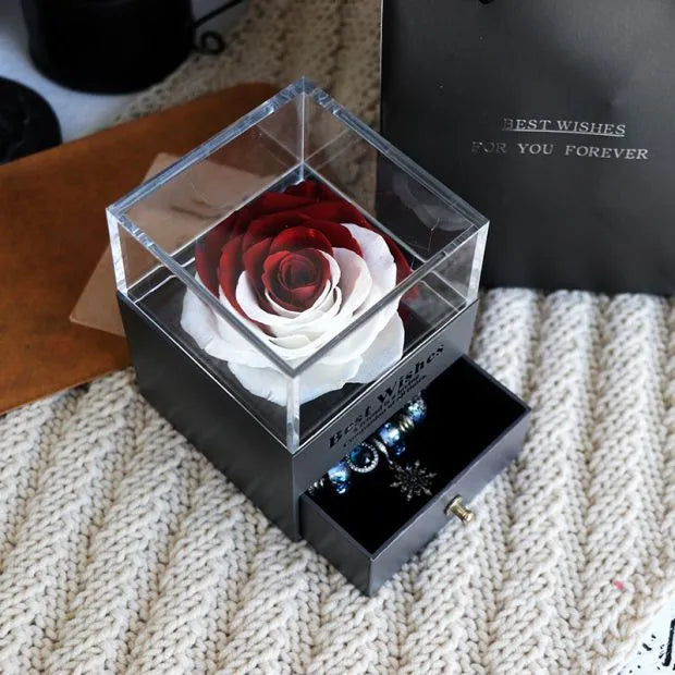 Eternal flower gift box with artificial roses, measuring 8.5cm wide and 10.5cm high