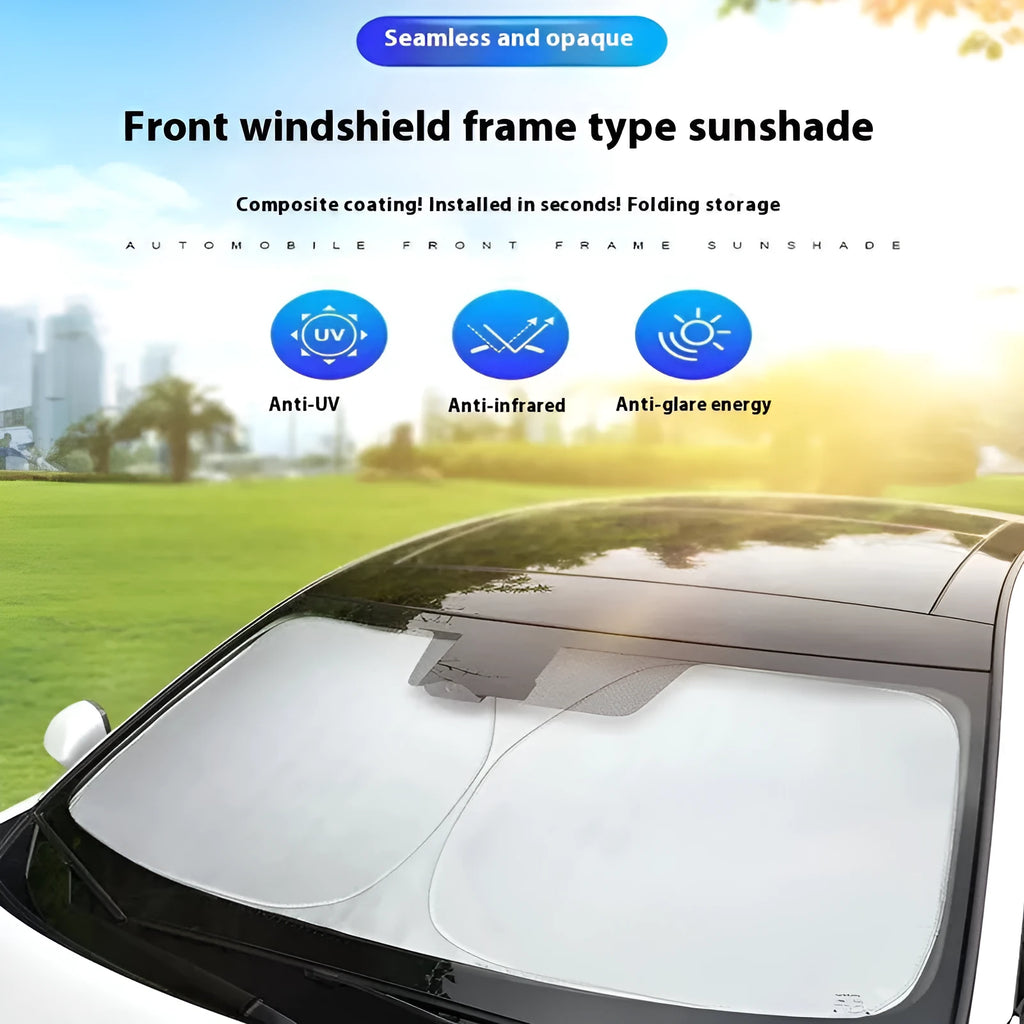 Titanium silver aluminium foil car sunshade folded, showing reflective surface and size options for windscreen protection.