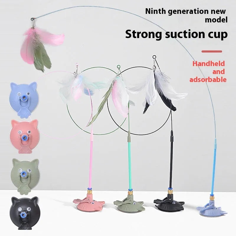 Cat teaser strong suction cup long brush holder toy with bell for indoor play with plastic construction
