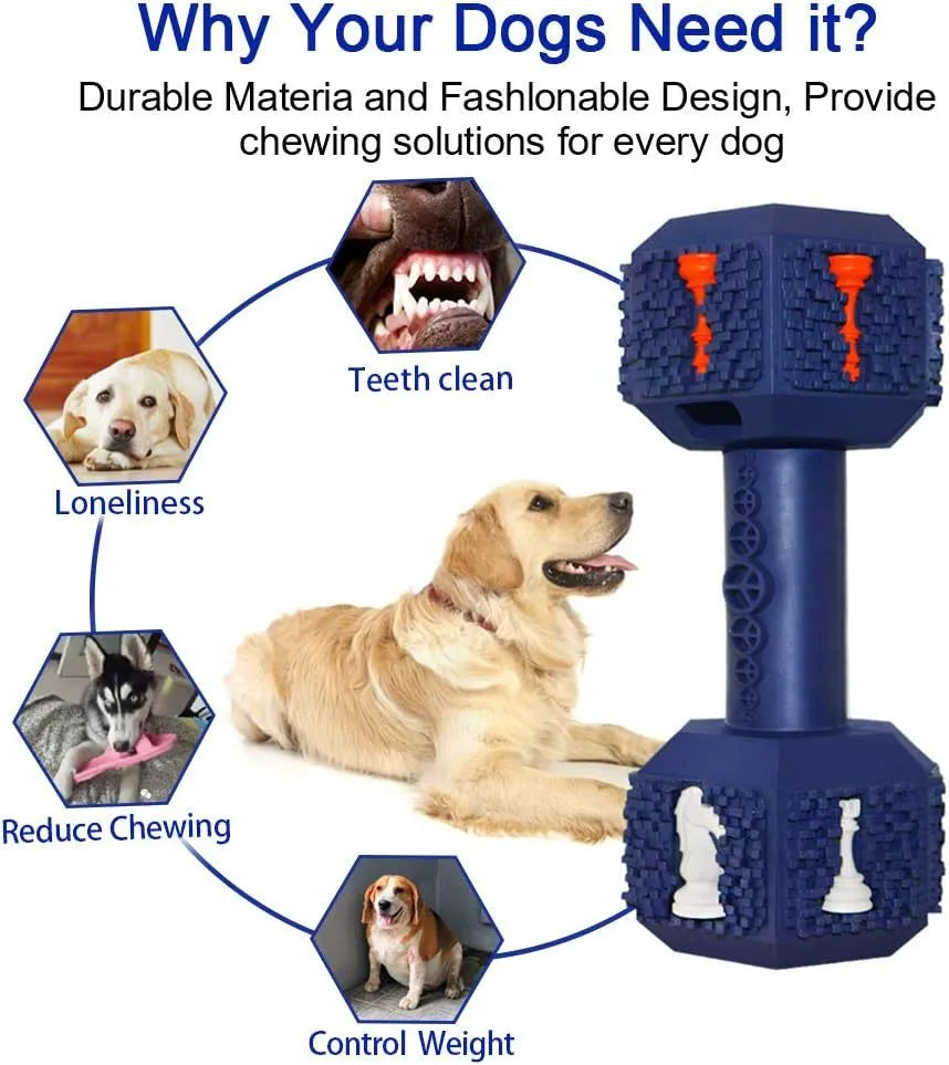 Blue dumbbell-shaped dog chew toy with textured surface and hollow ends for treats