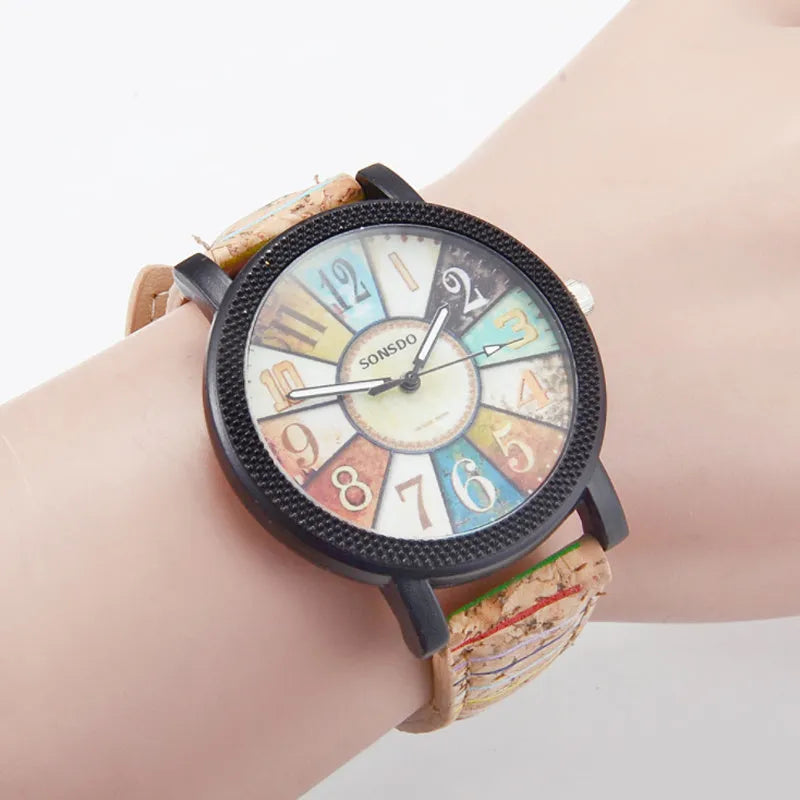 Women's vintage leather strap quartz watch with 37mm round dial and tempered glass crystal