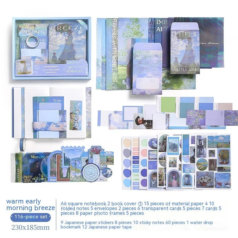 A6 retro style plaid creative journal gift box set with notebook, bookclothes, cards, photo frames, stickers, and paper tape.